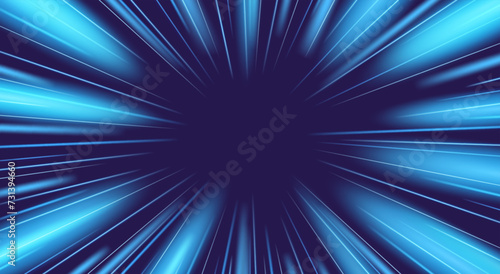 Light speed blue rays, perspective tunnel with neon radial traces. Motion effect and abstract bright zoom road. Comic manga vector illustration