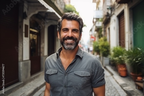 Portrait of a handsome middle-aged man smiling in the street