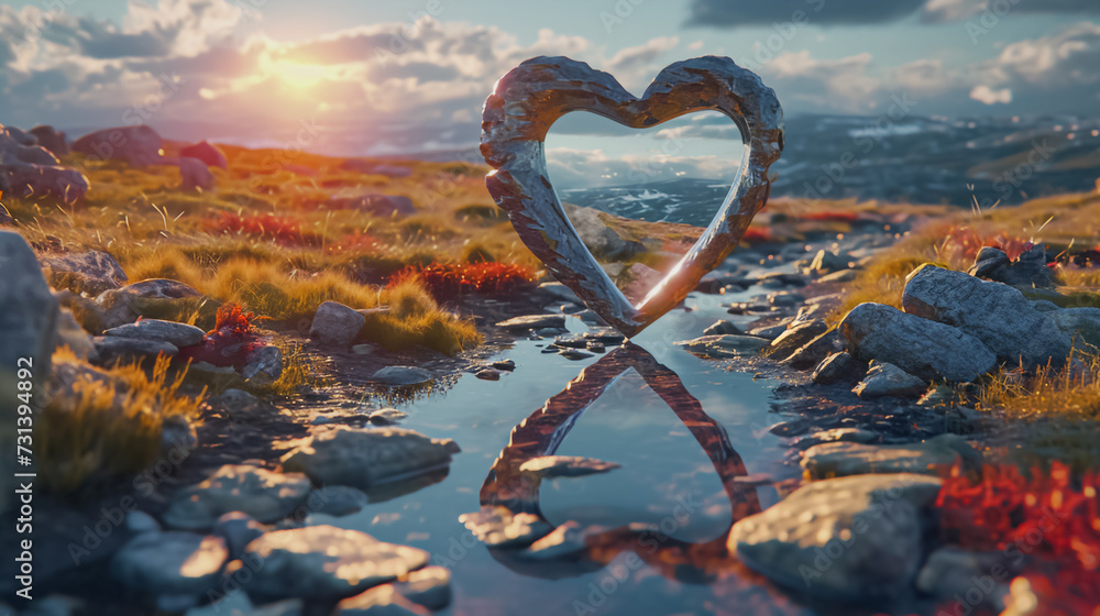Fototapeta premium Sunset heart: Rocky heart floating above mountain stream, a gateway to another reality.