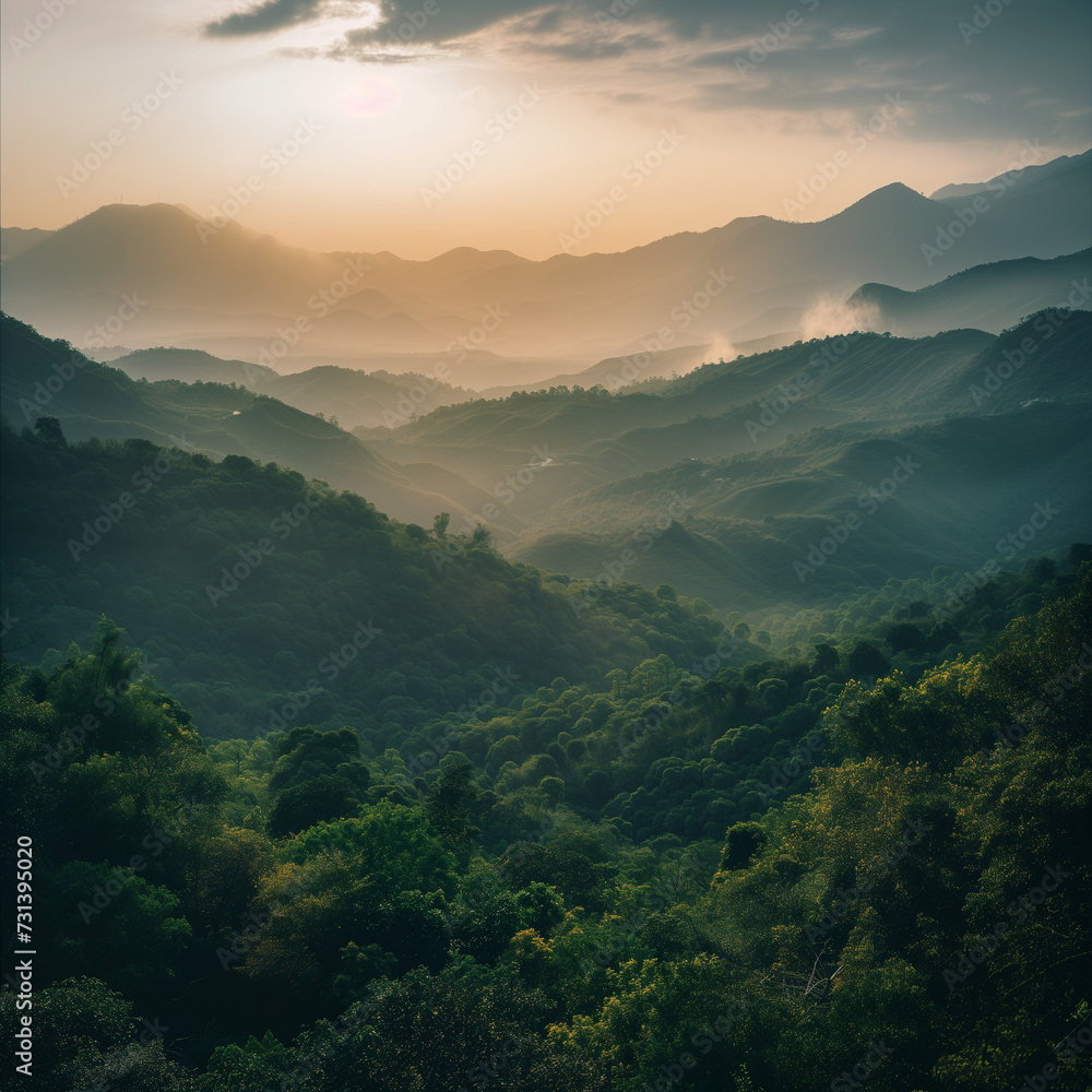Misty Mountain Sunrise in Lush Green Valley Misty Mountain Sunrise in Lush Green Valley