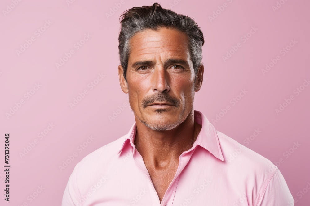 Portrait of a handsome mature man in a pink shirt on a pink background. Portrait of a handsome mature man in a pink shirt on a pink background.