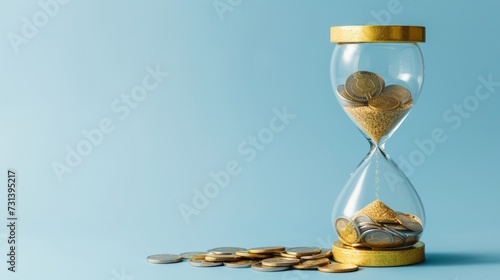 Hourglass with coins on blue background, long term investment concept photo