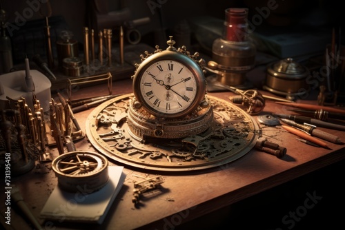 Master's table with tools and clockwork details, clock mechanisms disassembled for repair