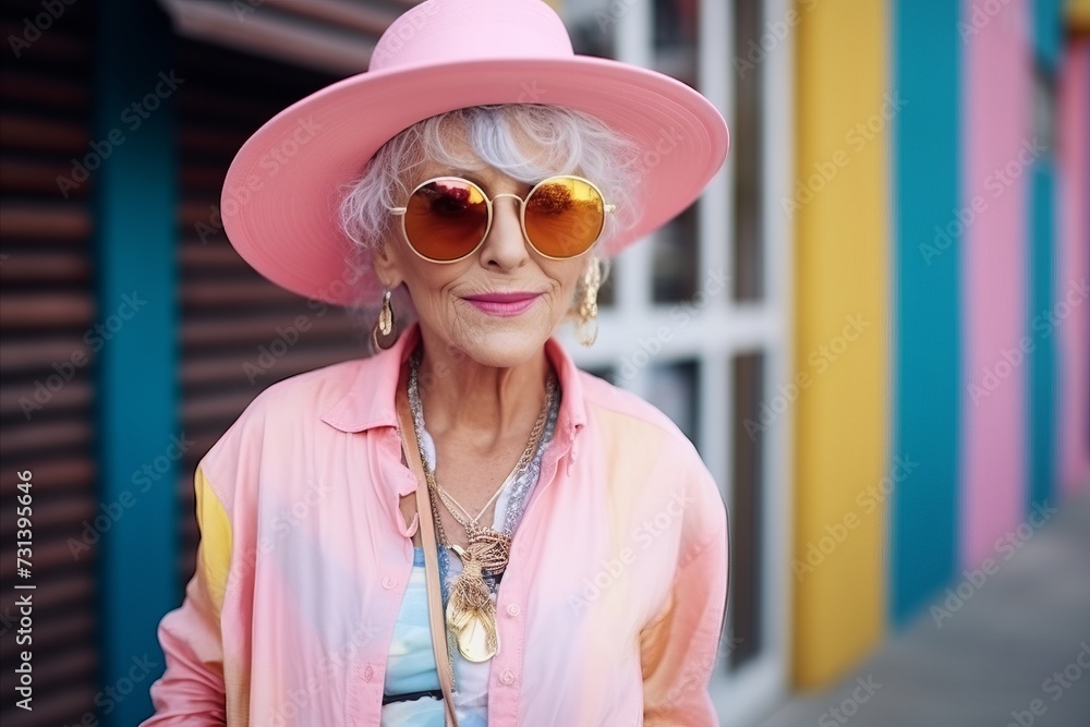 Portrait of a beautiful senior woman in pink hat and sunglasses.