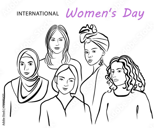 Black and white illustration with women faces. International women's day.