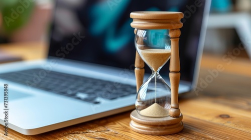 Laptop and hourglass on wooden table, concept of managing time at work photo