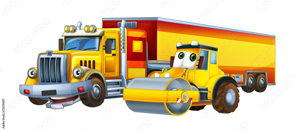 Naklejka premium cartoon scene with heavy cargo truck and concrete mixer talking togehter being happy illustration for children