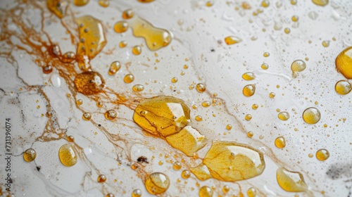 Detailed examination of cooking oil splashes on a kitchen counter, highlighting the reality of home cooking © Kanisorn