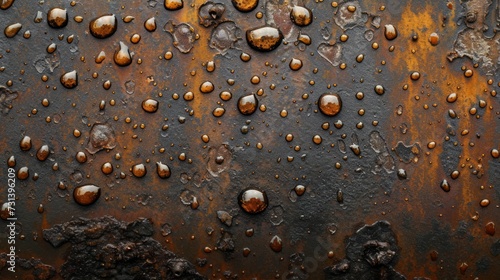Detailed shot of rusty metal with droplets of oil, texture of oxidation and grime