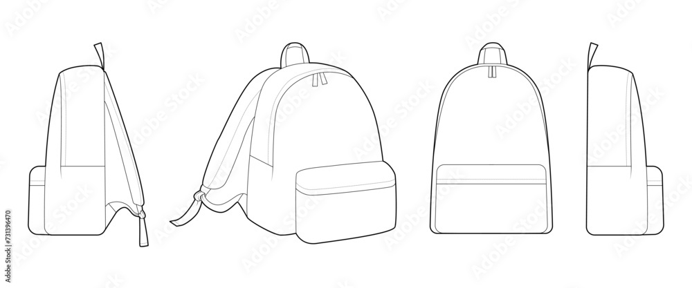 Set of Fashion backpack silhouette bag. Fashion accessory technical illustration. Vector schoolbag front, side 3-4 view for Men, women, unisex style, flat handbag CAD mockup sketch outline isolated Set of Fashion backpack silhouette bag. Fashion accessory technical illustration. Vector schoolbag front, side 3-4 view for Men, women, unisex style, flat handbag CAD mockup sketch outline isolated
