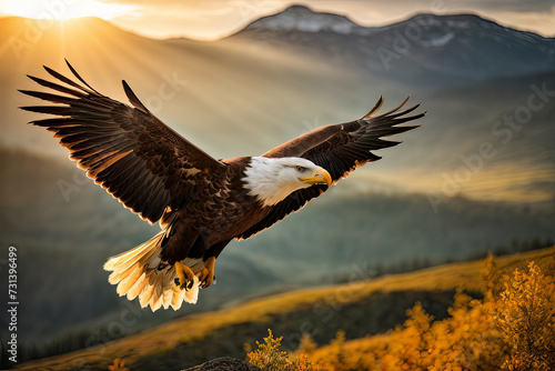 Extreme Close-up Picture of a Bald Eagle with Spread Wings Gliding through Air, created with Generative AI technology