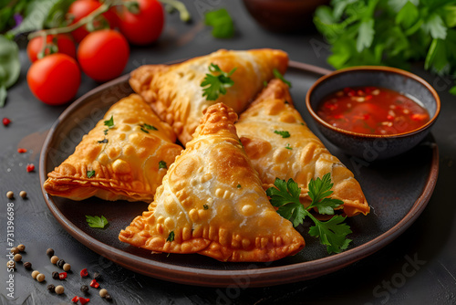 A golden, crispy samosa served on a plate, a delicious and savory Indian snack or appetizer. photo