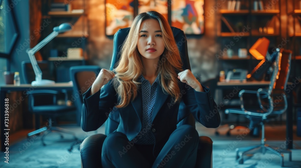 A beautiful young woman sits on a chair, screams, clenches her fists, delighted at the rapid success of an investment business. A beautiful young woman sits on a chair, screams, clenches her fists, delighted at the rapid success of an investment business.