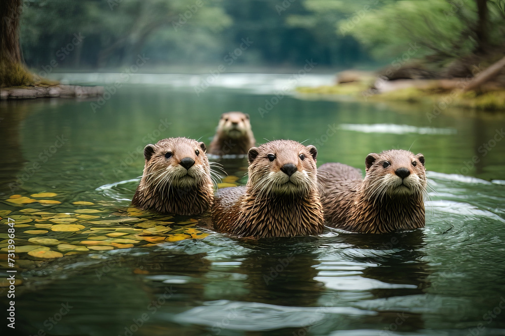 Cute North American River Otters Swimming in Calm River, created with Generative AI technology Cute North American River Otters Swimming in Calm River, created with Generative AI technology