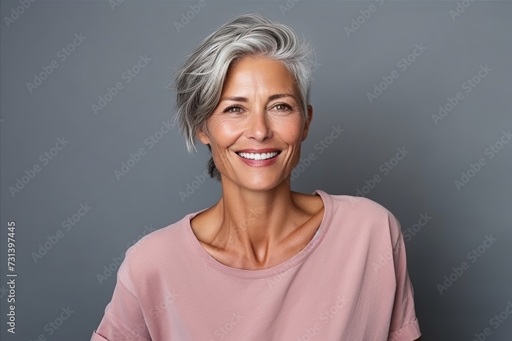 Portrait of a happy senior woman smiling at the camera over grey background Portrait of a happy senior woman smiling at the camera over grey background