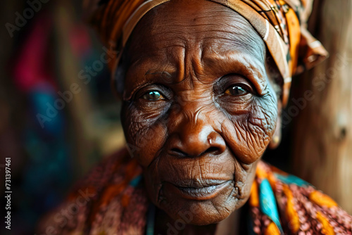 Close-up portrait of an old African woman with wrinkles in traditional clothes