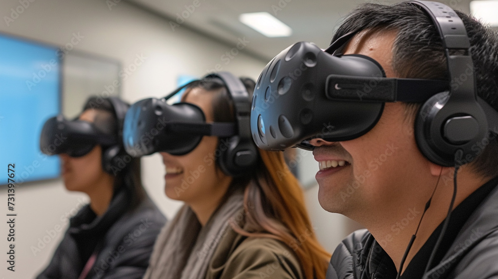 VR Virtual Reality, Workplace and Meetings.Virtual reality presentation created. Attendees at a technology expo, Generative AI technology. VR Virtual Reality, Workplace and Meetings.Virtual reality presentation created. Attendees at a technology expo, Generative AI technology.