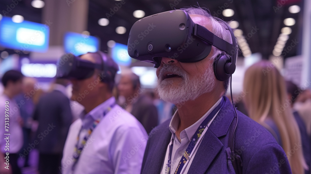 VR Virtual Reality, Workplace and Meetings.Virtual reality presentation created. Attendees at a technology expo, Generative AI technology. VR Virtual Reality, Workplace and Meetings.Virtual reality presentation created. Attendees at a technology expo, Generative AI technology.