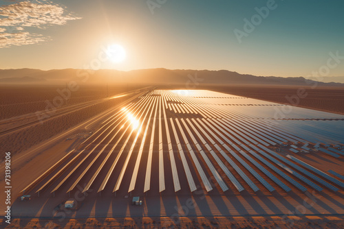 The sun rises, casting a golden glow over an extensive array of solar panels amidst a desert landscape.