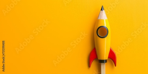 Rocket shaped pencil on yellow background with copy space, startup concept