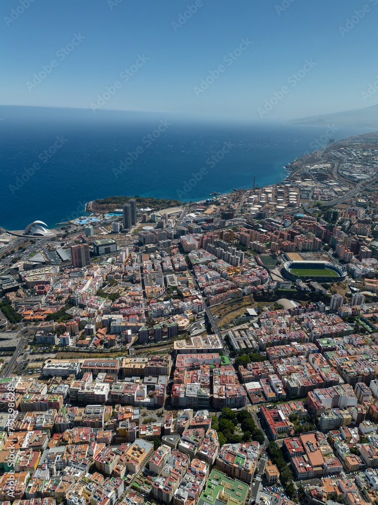 ocean and architecture of Santa Cruz, Tenerife capital, Canary Island aerial