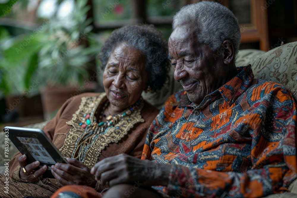 Senior African-American couple looking at a tablet together, surrounded by plants.
