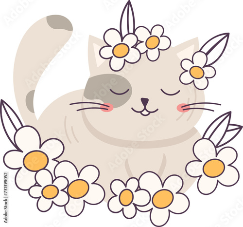 Fototapeta Naklejka Na Ścianę i Meble -  Cat Lying With Flowers