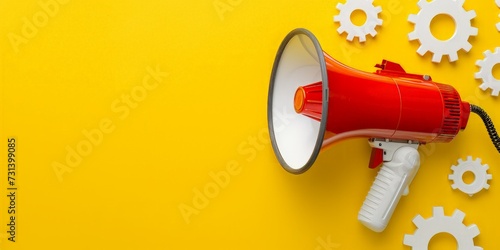Megaphone and white gears on yellow background, marketing and advertising concept