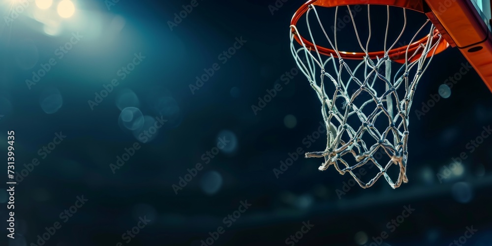 Basketball hoop and net on a dark background. Horizontal banner