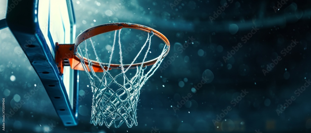 Basketball hoop and net on a dark background. Horizontal banner