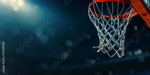 Basketball hoop and net on a dark background. Horizontal banner photo