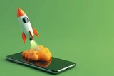 Rocket taking off from cell phone screen on green background, startup concept