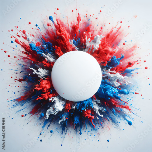 Circular frame with free white space abstract dynamic vibrant explosion red blue paint white sphere abstract pattern splashes droplets centered emanating purity light grey background