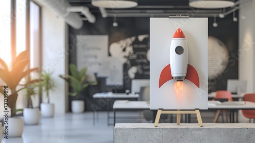Meeting room with a rocket on the whiteboard on tripod, startup concept