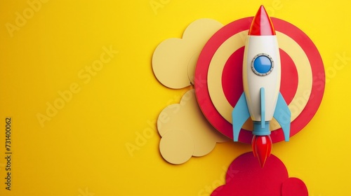 Rocket and red round target on yellow background with copy space, startup concept