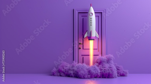 Rocket taking off near door on purple wall