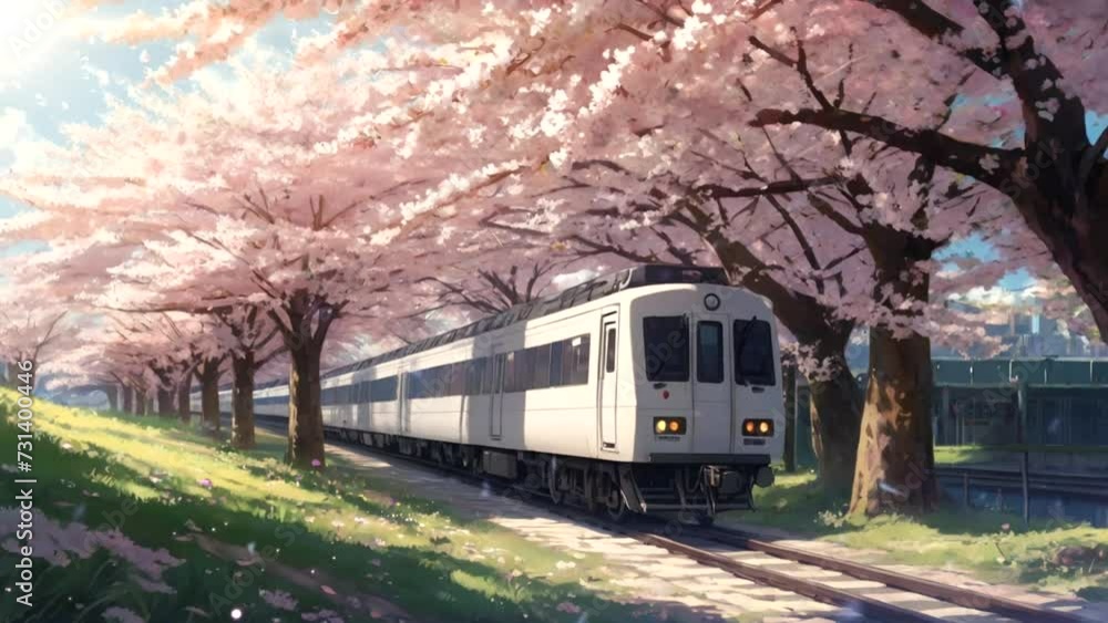 train on the railway with sakura cherry blossom trees train on the railway with sakura cherry blossom trees