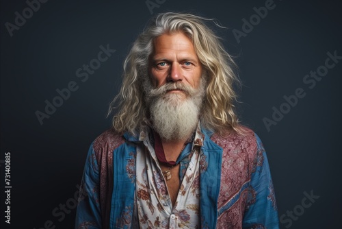 Studio portrait of an old man with long white beard and mustache.