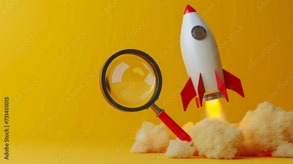 Rocket and magnifying glass on yellow background, startup concept Rocket and magnifying glass on yellow background, startup concept