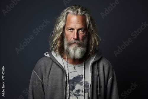 Portrait of a handsome senior man with long gray hair and beard in a gray sweatshirt.