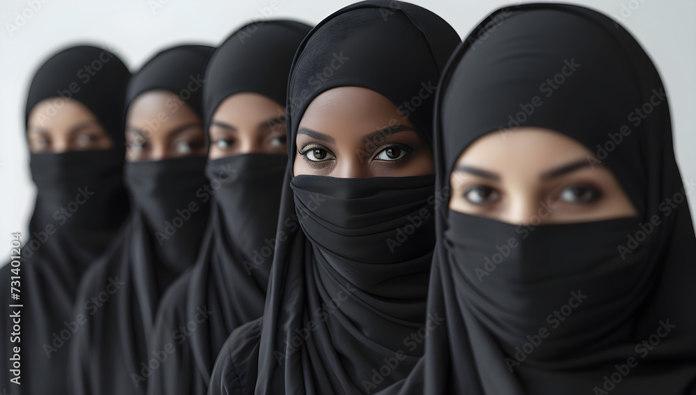 Muslim women in black traditional clothes on white background, representing cultural and religious identity. Muslim women in black traditional clothes on white background, representing cultural and religious identity.