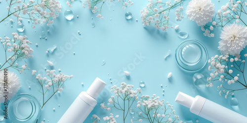 Top view cosmetic products with flowers decoration on blue background, Flat lay Minimal © Black Pig