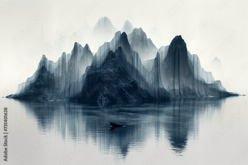 Minimalism, large areas of blank space, mountain shape, material of yarn, low angle perspective, perspective aesthetics, a minimalist painting from ancient China, a small and lonely boat, transparent 