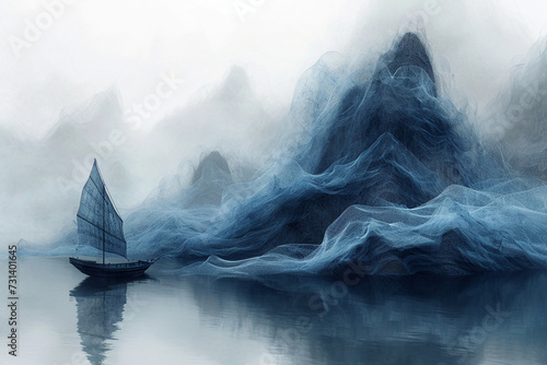 Minimalism, large areas of blank space, mountain shape, material of yarn, low angle perspective, perspective aesthetics, a minimalist painting from ancient China, a small and lonely boat, transparent 