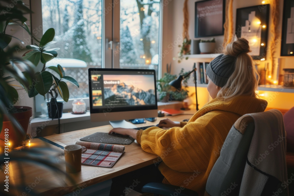 Cozy Home Workspace with a Woman Engaged in Creative Digital Design on a Computer