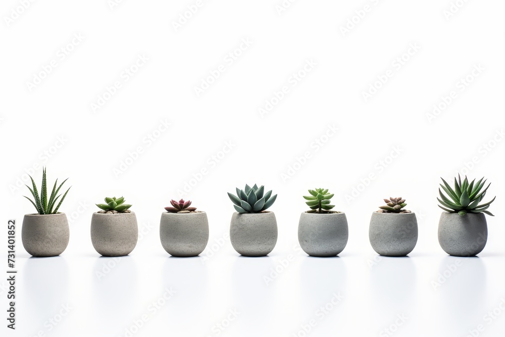 Modern geometric concrete planters with row of little succulent plants on white background