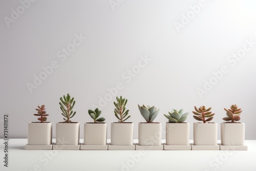 Modern geometric concrete planters with little succulent plants isolated on white background photo