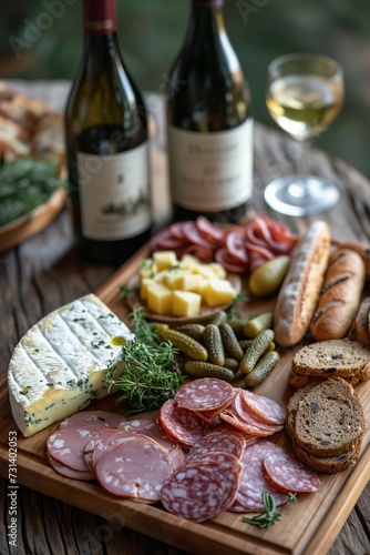 Picnic served outside with a bottle of wine, cheese, grapes, salami on a wooden board