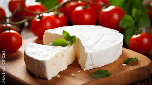 A wedge of creamy brie cheese, adorned with fresh basil leaves, sits on a wooden cutting board beside ripe, red tomatoes
