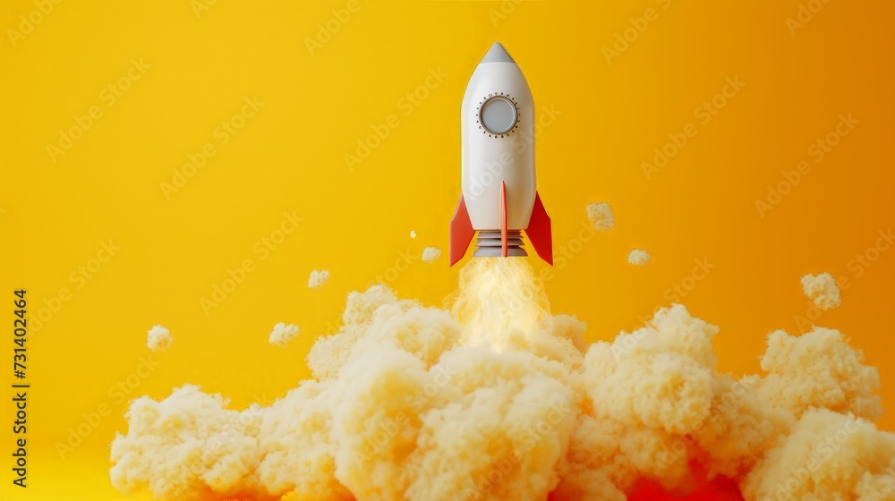 Rocket taking off releasing smoke on yellow background, startup concept